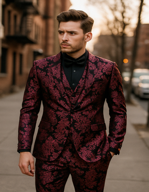 Men’s Black and Deep Pink Floral Tuxedo Suit – Slim Fit 2 Piece Formal Set with Matching Bow Tie