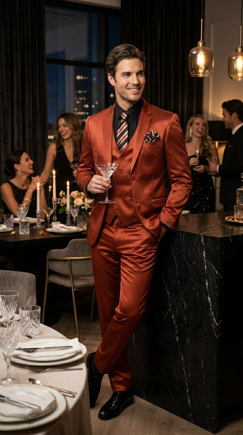 Menās Rust Copper Coganc Shiny Sateen 3 Piece Suit, Vested Formal Wedding Prom Suit Set Ultra Slim Fit