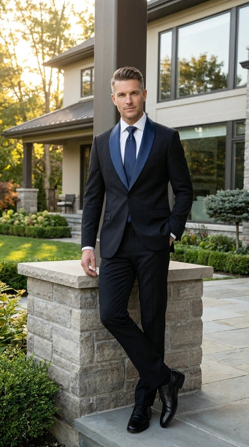 Men’s Black Suit with Navy Blue Lapel – Elegant Formal Tuxedo Style Suit for Wedding, Prom, Party and Evening Wear