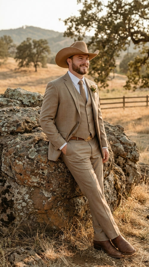 Mens Sharkskin Dark Taupe Tan with sheen Western 3 Piece Suit β Classic Country Style Blazer Vest Pants Set, Formal Cowboy Suit Outfit