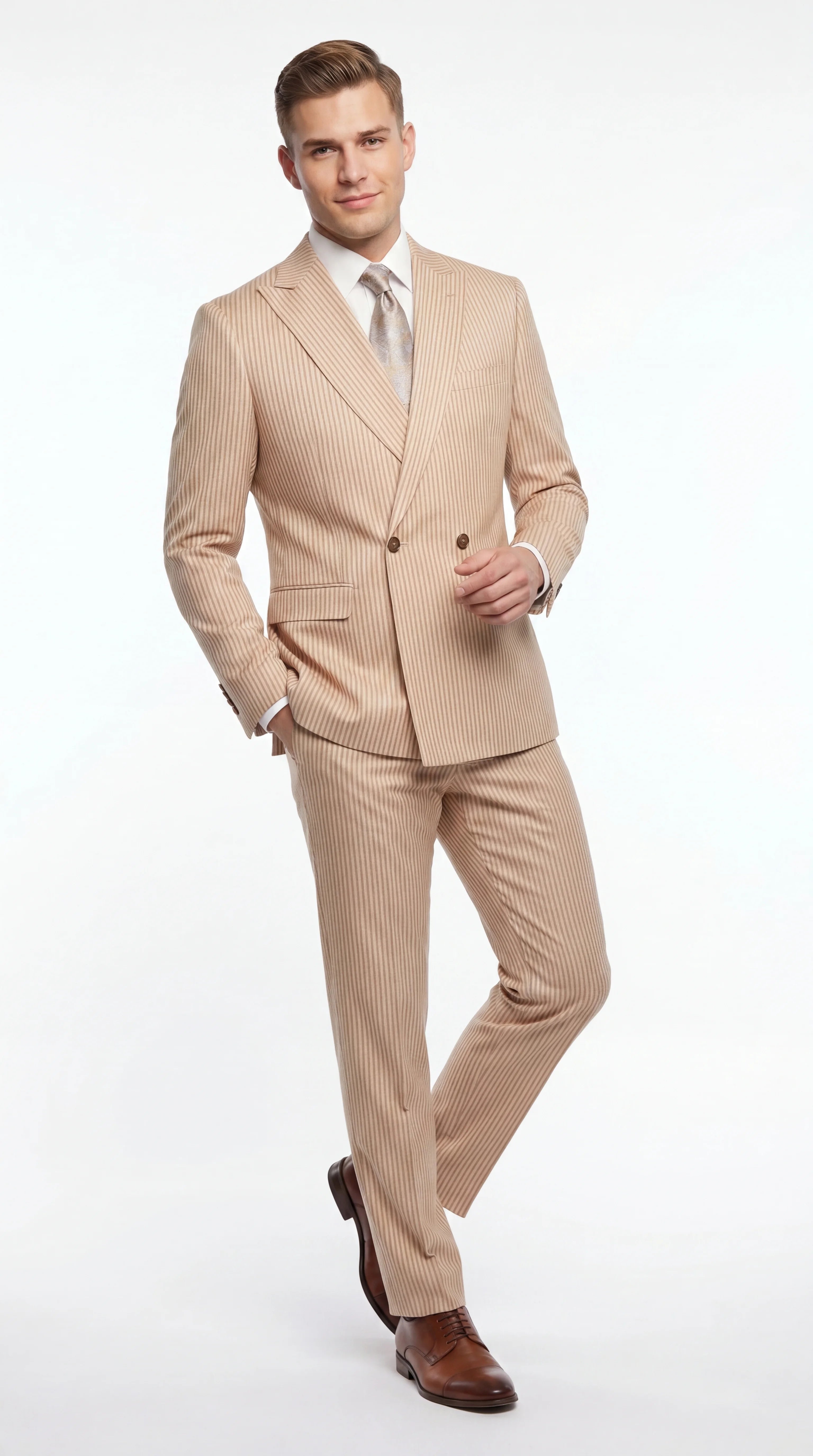 Vitali Menβs Tone on Tone Beige Pinstripe 2 Piece Suit, Double Breasted Summer Dress Suit for Weddings, Tan Beige Shadow Pinstripe β SuitUSA