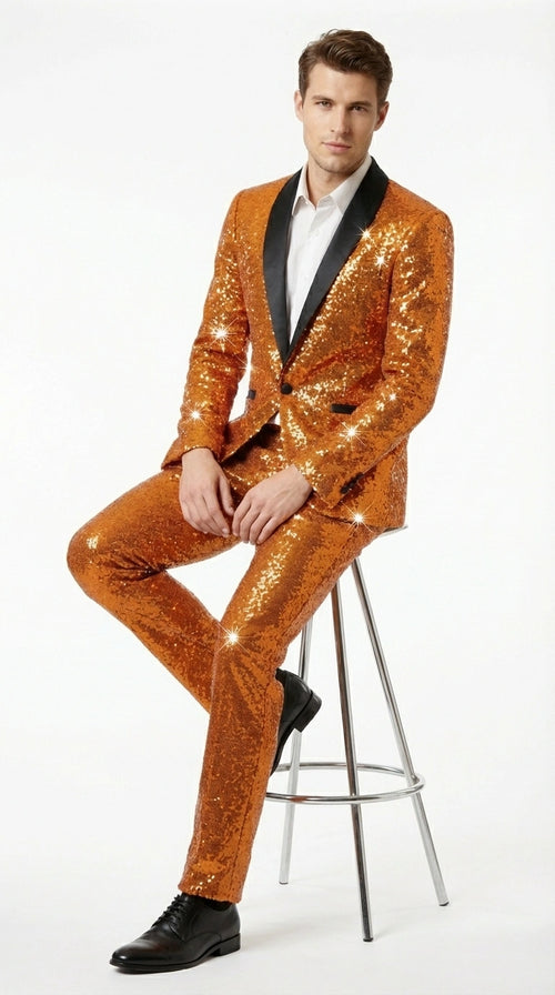Mens Orange Sequin Tuxedo Suit β Shiny Wedding Suit Set with Black Lapel for Prom, Party, Gala and Formal Evening Wear - Goldish Orange