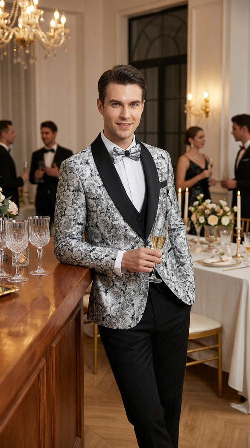Mens Black and Silver Floral Tuxedo β Luxury Patterned Wedding, Prom and Formal Dinner Tuxedo