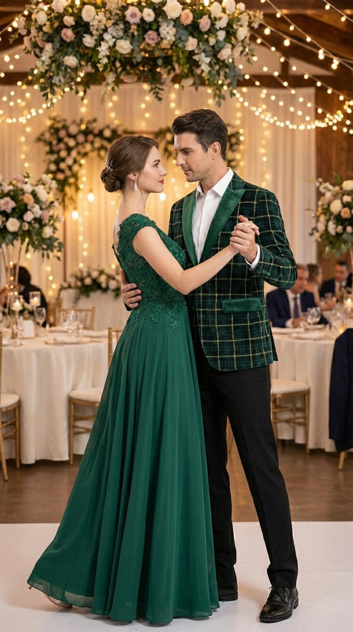 Mens Tartan Green and Gold Check Blazer β Windowpane Plaid Sport Coat Velvet Lapel Plaid Christmas Holiday New Year Jacket