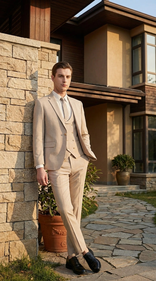 Mens Sand Beige 3 Piece Suit β Double breasted Vest Formal Suit Set and Dress Pants in Champaign Natural Summer Color