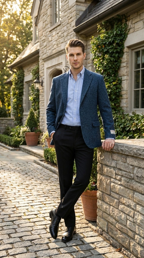 Mens Light Blue Tweed Blazer Sport Coat β Classic Herringbone Jacket Formal Business Casual Smart Outerwear in indigo cobalt blue