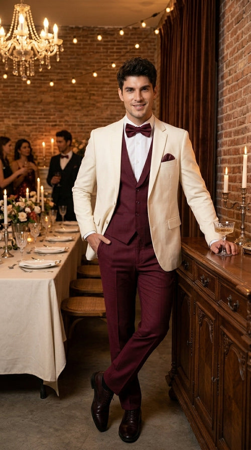 Menās Cream Ivory and Burgundy 3 Piece Tuxedo Suit, Vested Formal Wedding Prom Dinner Suit in Cream Off White Color