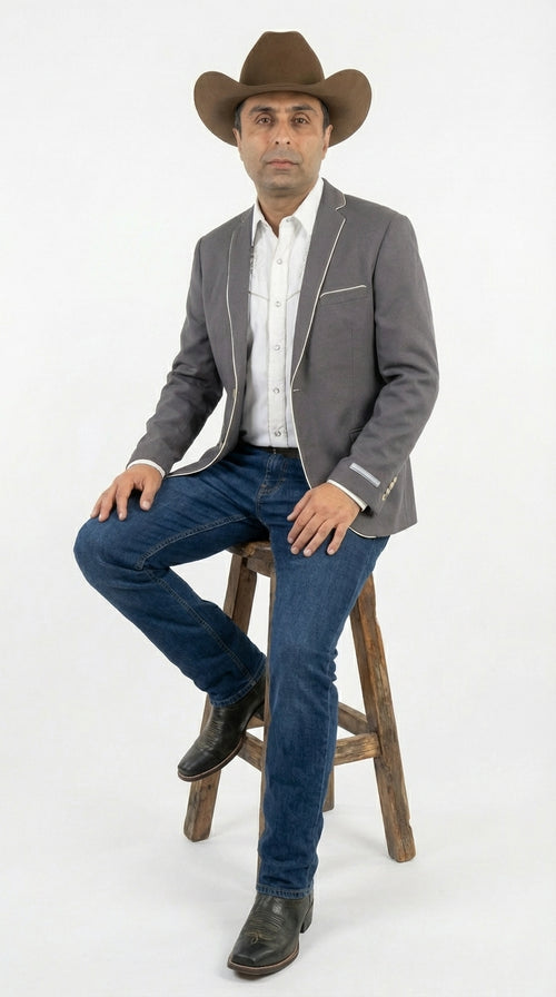 Mens Grey and White Trim Western Blazer β Classic Fit Cowboy Style Contrast Trim Dress Jacket