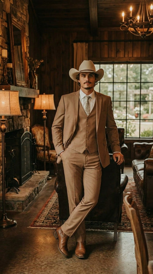 Mens Camel Brown Copper Western 3 Piece Suit β Classic Country Style Blazer Vest Pants Set, Formal Cowboy Suit Outfit