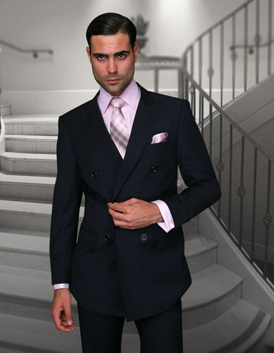 Mens Classic Wool Double Breasted Suit in Navy Blue by Statement