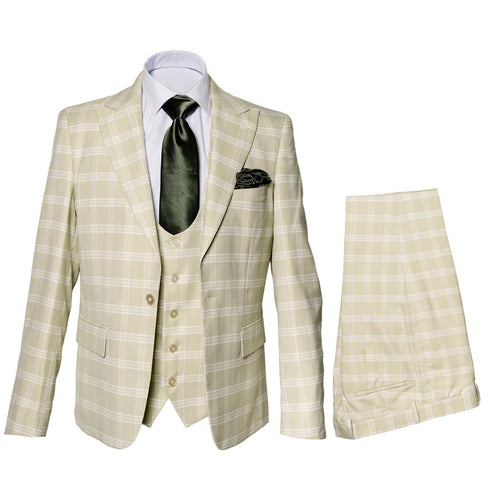 Mens Plaid Windowpane Business Suit - Cream