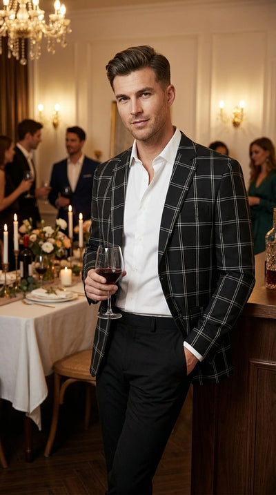 Men’s Black Windowpane Check Blazer – Black Plaid Formal Blazer Jacket for Business, Wedding and Smart Casual Style
