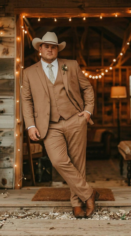Mens Camel Brown Copper Western 3 Piece Suit β Classic Country Style Blazer Vest Pants Set, Formal Cowboy Suit Outfit