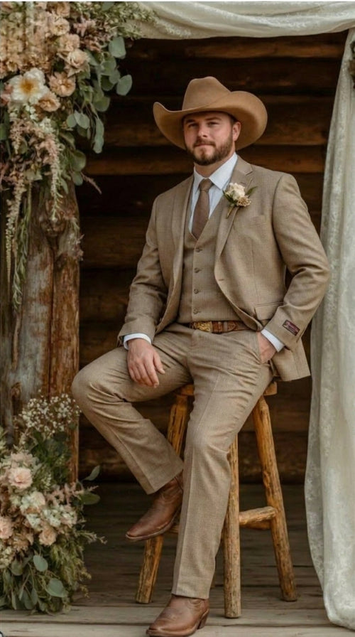 Mens Sharkskin Dark Taupe Tan with sheen Western 3 Piece Suit β Classic Country Style Blazer Vest Pants Set, Formal Cowboy Suit Outfit
