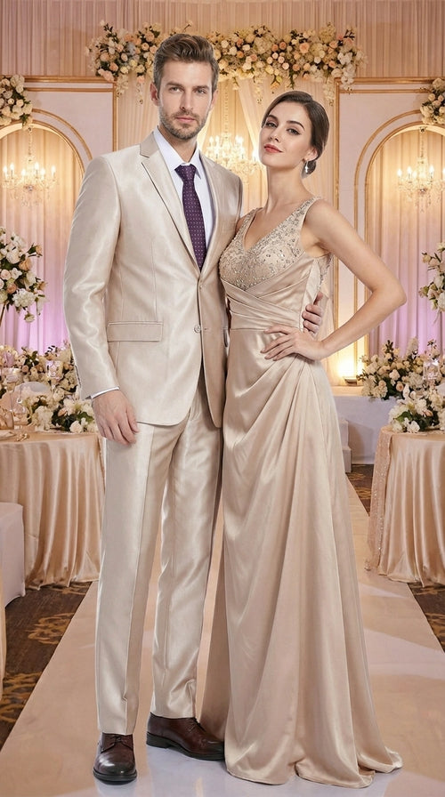 Men’s Champagne Tan Sharkskin 2 Button Suit – Shiny Formal Suit with Optional Vest for Wedding, Prom, Business Beige Color