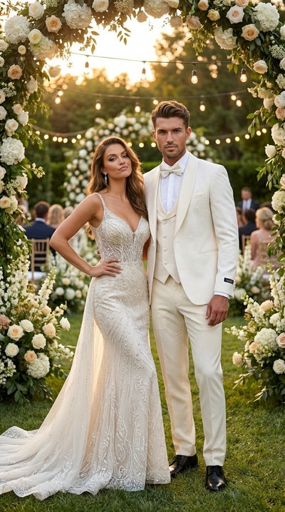 Men’s Ivory Paisley Tuxedo Suit 3 Piece – One Button Vested Satin Formal Suit for Wedding in Off white Cream Color