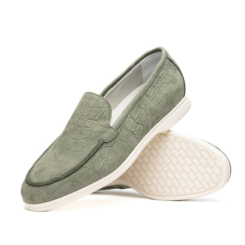 Zelli Livorno Stampata Crocodile-Embossed Nubuck Loafer in Celery