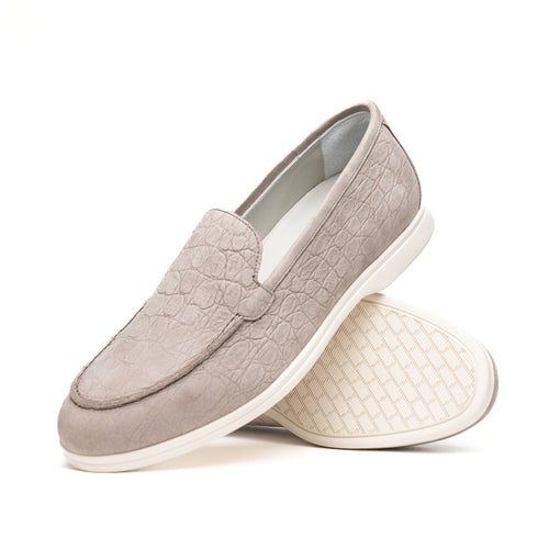 Zelli Livorno Stampata Crocodile Embossed Nubuck Loafer in Bone