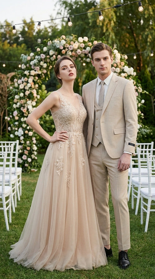 Mens Sand Beige 3 Piece Suit β Double breasted Vest Formal Suit Set and Dress Pants in Champaign Natural Summer Color