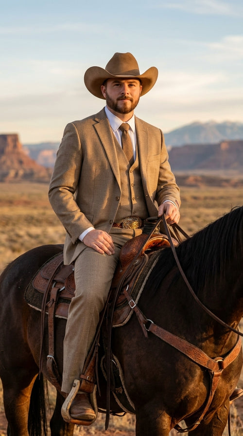 Mens Sharkskin Dark Taupe Tan with sheen Western 3 Piece Suit β Classic Country Style Blazer Vest Pants Set, Formal Cowboy Suit Outfit