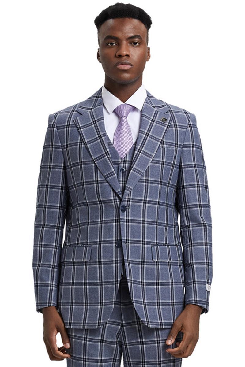 Men's Stacy Adams Two Button Vested Glen Plaid Check Suit in Grey – SuitUSA