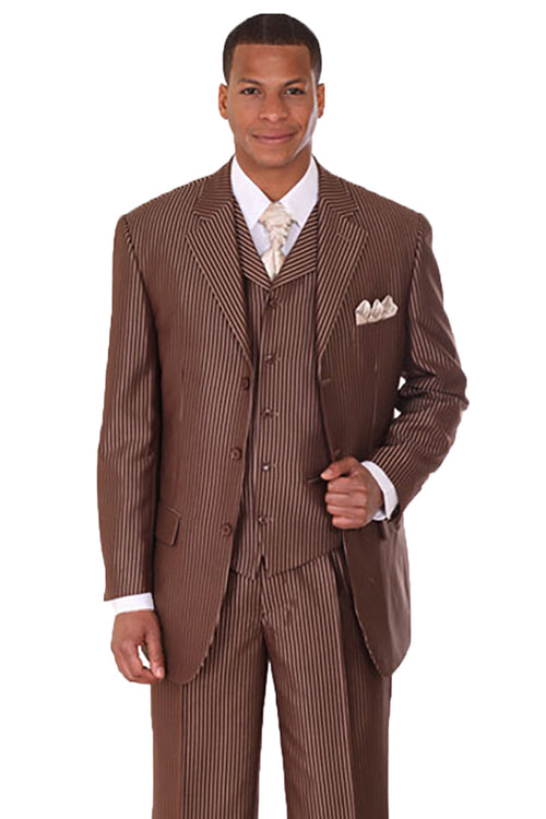 Mens 3 Button Vested Shiny Sharkskin Narrow Pinstripe Suit in Brown by Fortino Landi