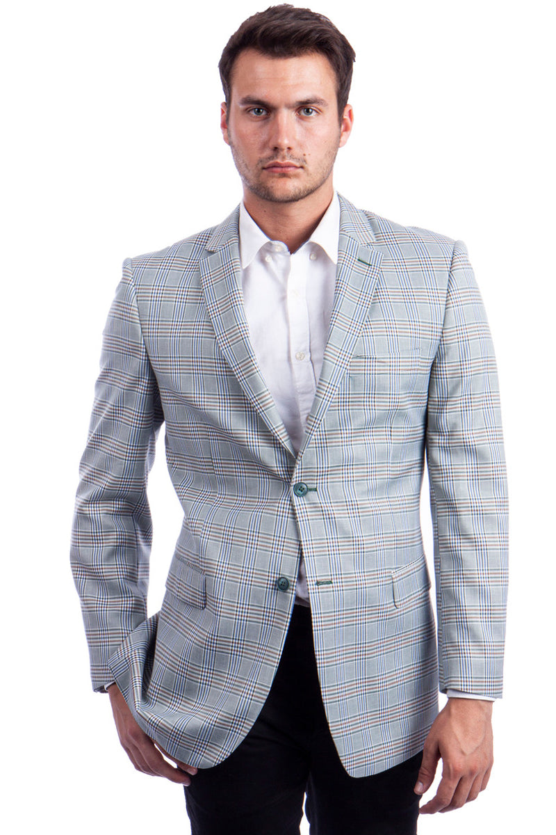 Men's Two Button Sport Coat in Blue & Tan Windowpane Plaid