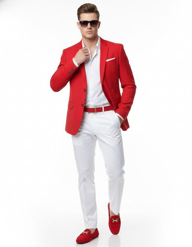 Mens Red Blazer and White Pants Set – Stylish Casual Dress Outfit For New Year Holiday and Christmas Suit
