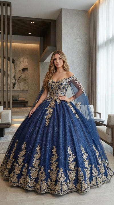 Layla K LK221 Cape Sleeves Corset Embroidered Quinceañera Ball Gown