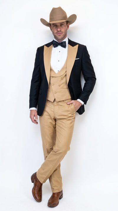 Men's Western Khaki Cowboy Tuxedo Suit – Black & Tan Beige Peak Lapel 3-Piece Vested Formal Cowboy Suit