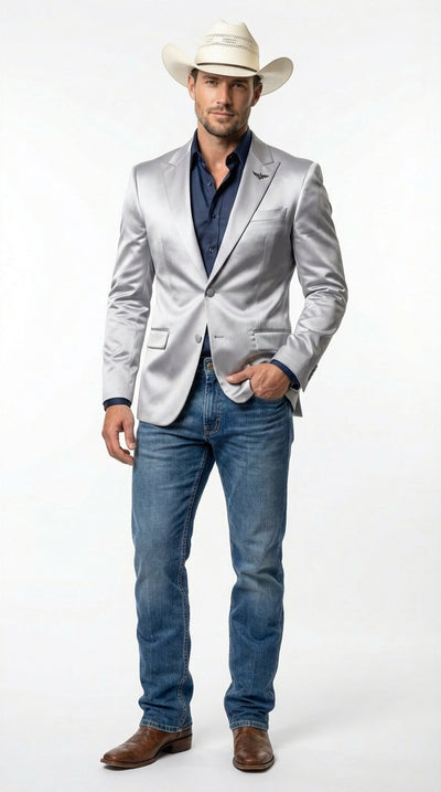 Mens Shiny Silver Cowboy Blazer – Western Style Satin Finish Blazer for Party, Country Events and Evening Wear