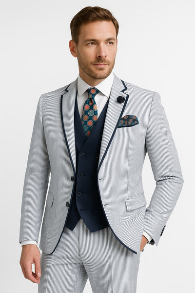 Men's White and Navy Pinstripe Suit with Contrast Trim – 3-Piece Seersucker Style Set for Weddings and Summer Events
