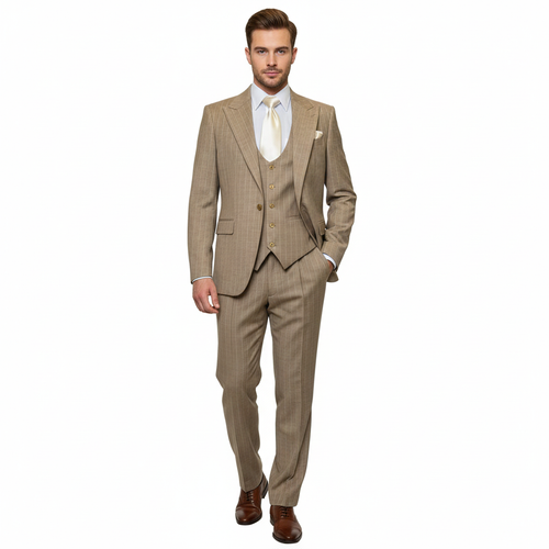 Men’s Beige Pinstripe Three-Piece Suit – Classic Fit Formal Suit with Vest and Flat-Front Pants in Tan Stripe By Rossiman