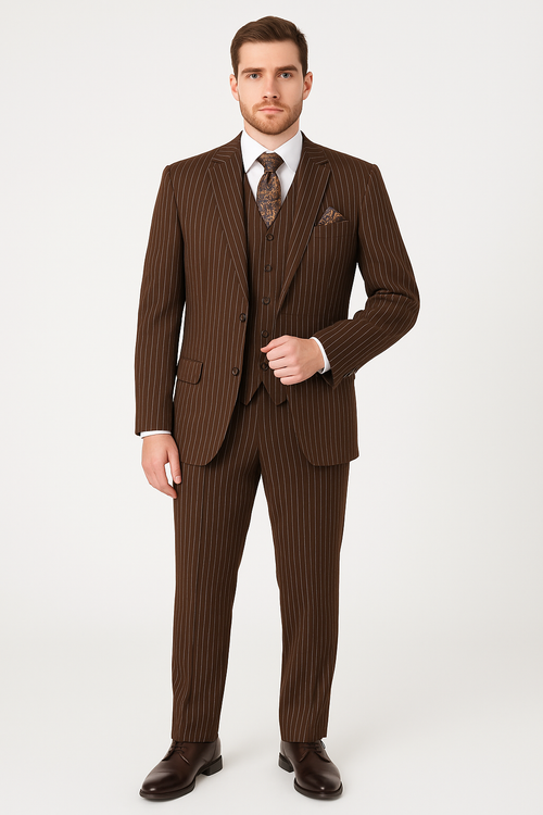 Men’s Brown Pinstripe 3-Piece Suit - Classic Fit Business Suit with Vest & Notch Lapel Blazer by Menssuitsatlantain