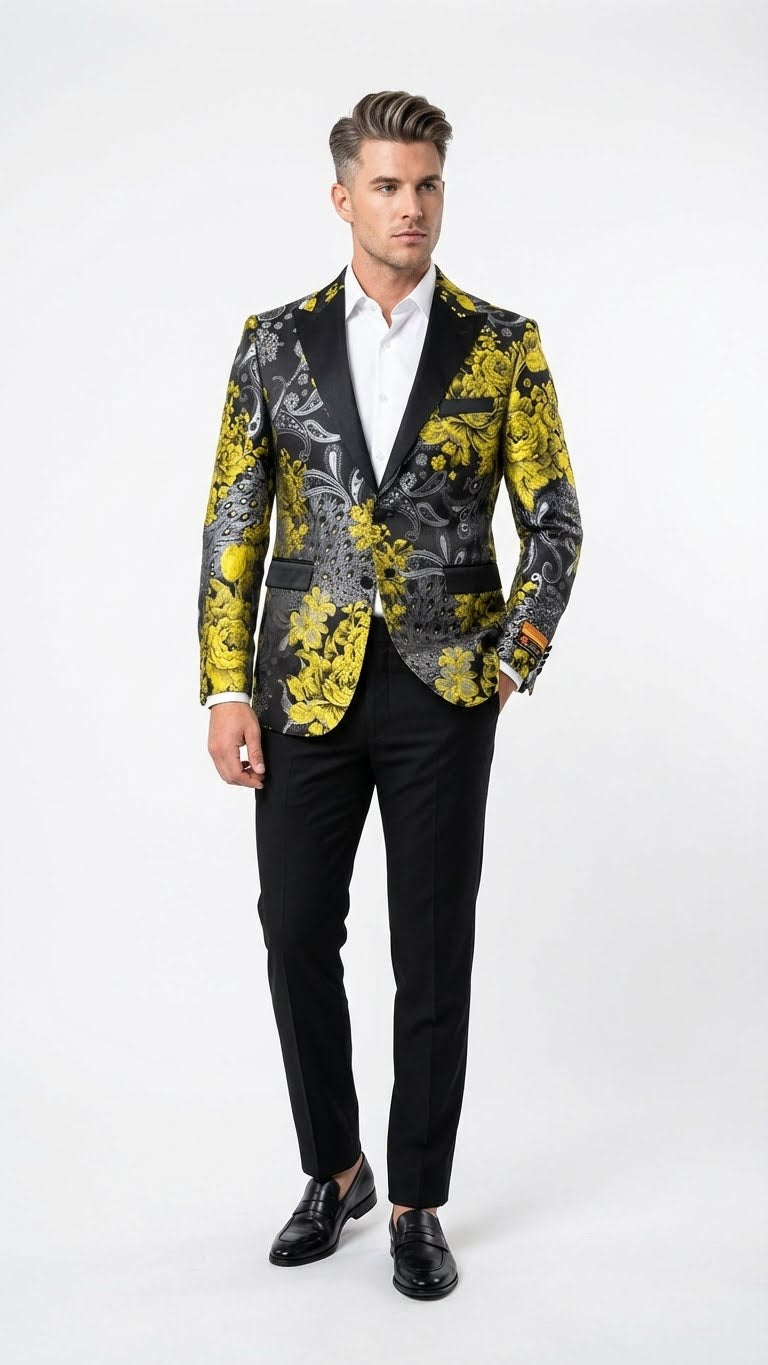 Men’s Yellow Tuxedo Black and Gold Floral Pattern Blazer | Formal Jacket - Prom Dinner Jacket + Black Pants + Bowtie – SuitUSA