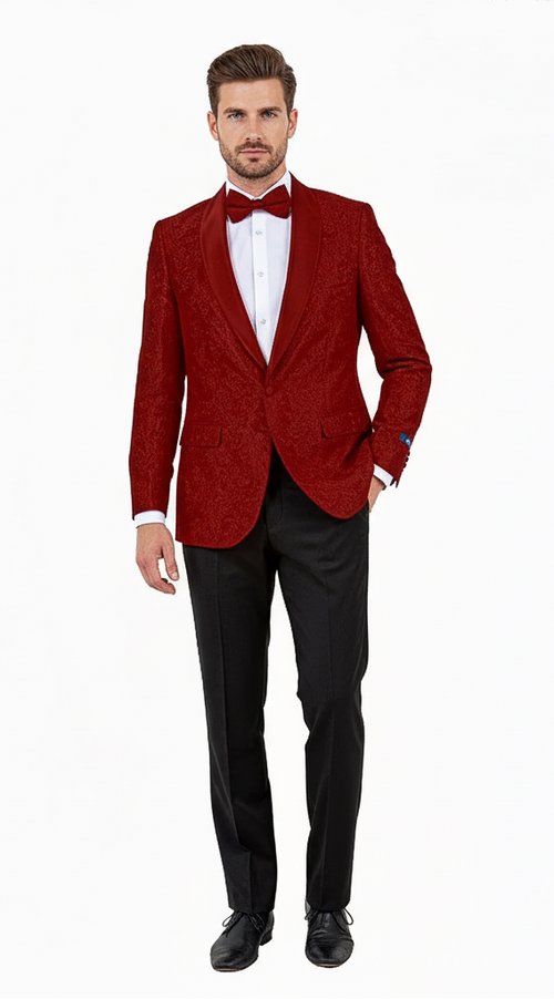Big and Tall Men’s Burgundy Paisley Tuxedo Jacket - Satin Shawl Lapel Blazer with Bow Tie for Weddings, Proms, and Special Events by USA Men's Outlet
