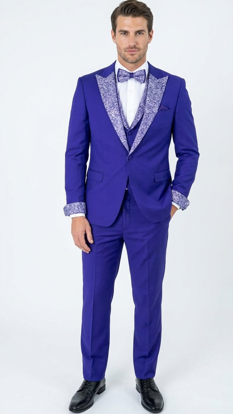 Men’s Purple and white sivler lapel Embellished Tuxedo Suit – Formal Wedding, Prom, and Gala Outfit Mardi Gras