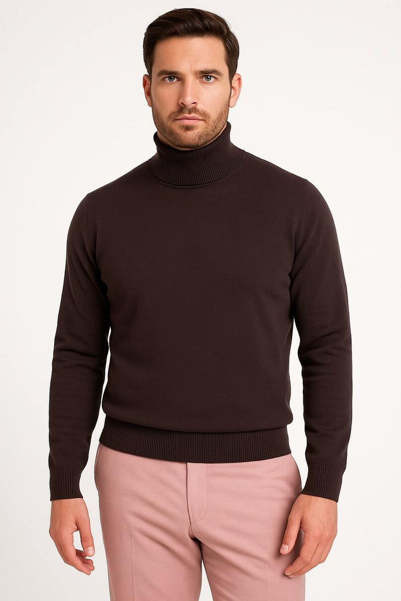 Men's Brown Turtleneck Sweater – Classic Slim Fit Knit Pullover for Fall and Winter