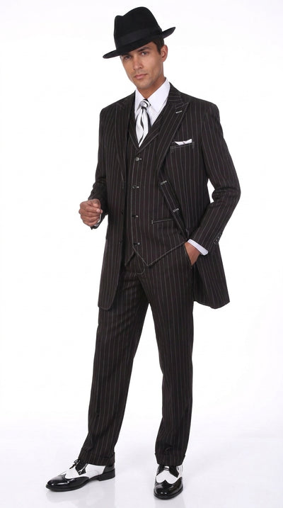 Men’s Black Pinstripe Zoot Suit – 3-Piece 1920s Gangster Vested Formal Suit