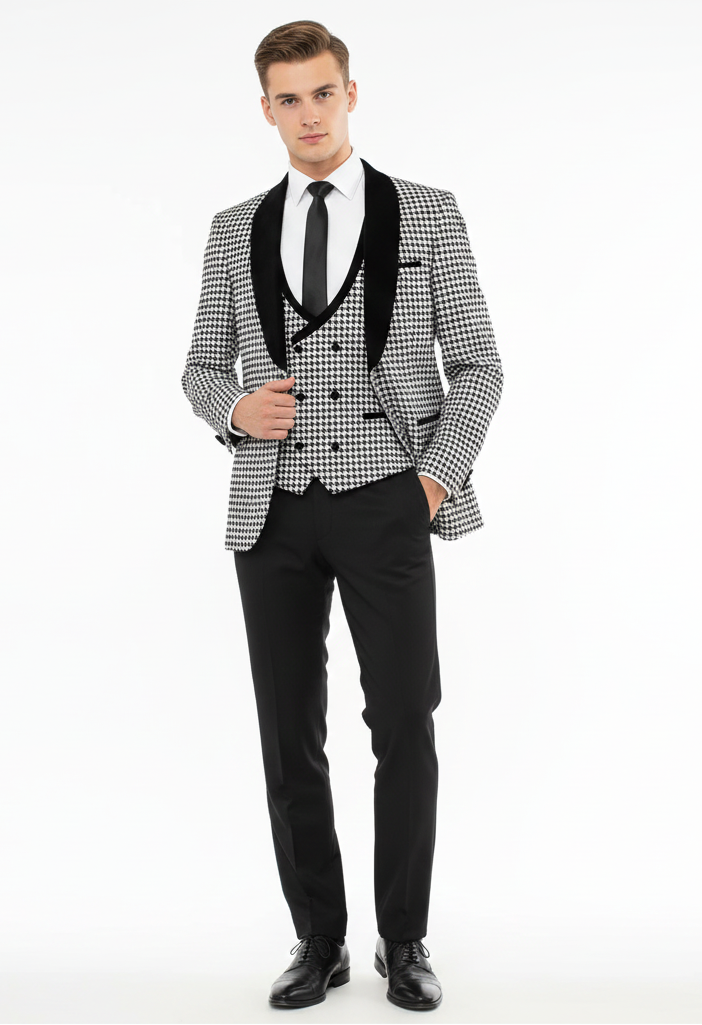 Men’s Black and White Houndstooth Tuxedo Set with Velvet Shawl Lapel | 3-Piece Formal Suit with Double-Breasted Vest – SuitUSA
