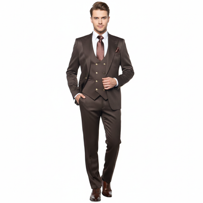 Men’s Chocolate Brown Textured 3-Piece Suit – Luxury Double-Breasted Vest Formal Set