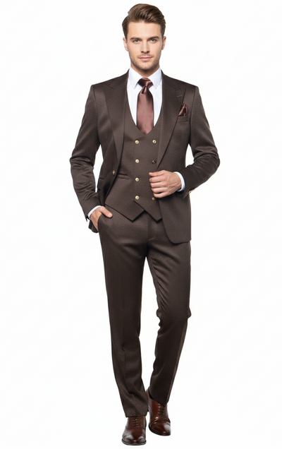 Men’s Chocolate Brown Textured 3-Piece Suit – Luxury Double-Breasted Vest Formal Set