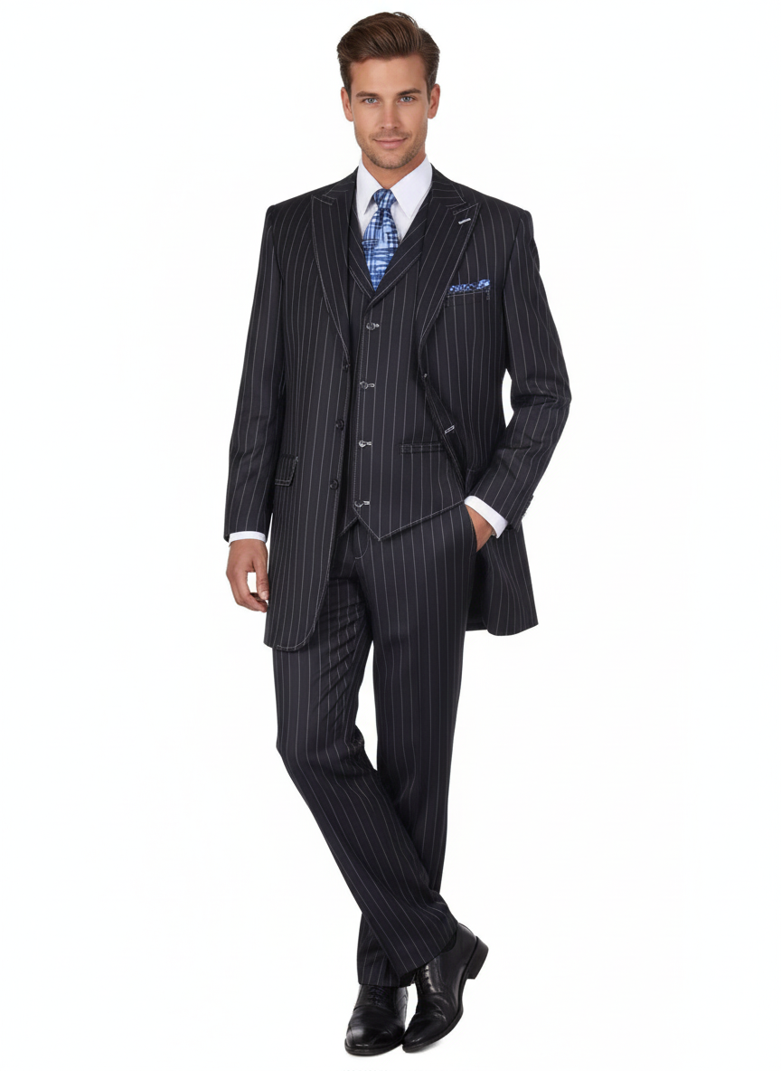 Men’s Three Button Suits - Navy Blue Pinstripe Three-Piece Suit – Classic Business and Formal Wear - Zoot Suit