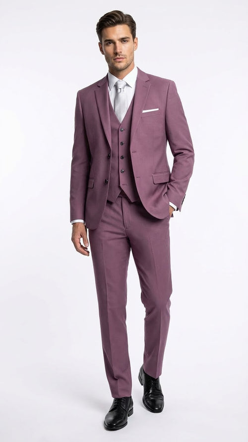 Men’s Mauve Three-Piece Suit – Slim Fit Formal Blazer, Vest, and Trousers for Weddings Rose Gold Pinkish Color