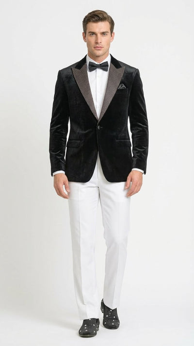 Men’s Black Velvet Tuxedo Blazer with Studded Lapel – Formal Evening Jacket