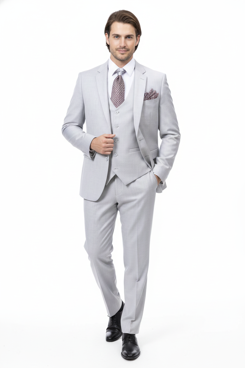 Men’s Very Light Gray Three-Piece Wedding Suit 2 Buttons Modern or Slim Fit Ash Bone Color Steel Grey