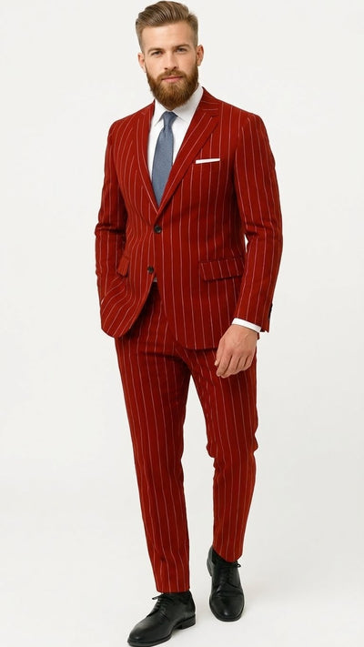 Men’s Red Pinstripe Suit - Stripe Two-Button Vested Suit 2 Buttons by USA Men's Outlet