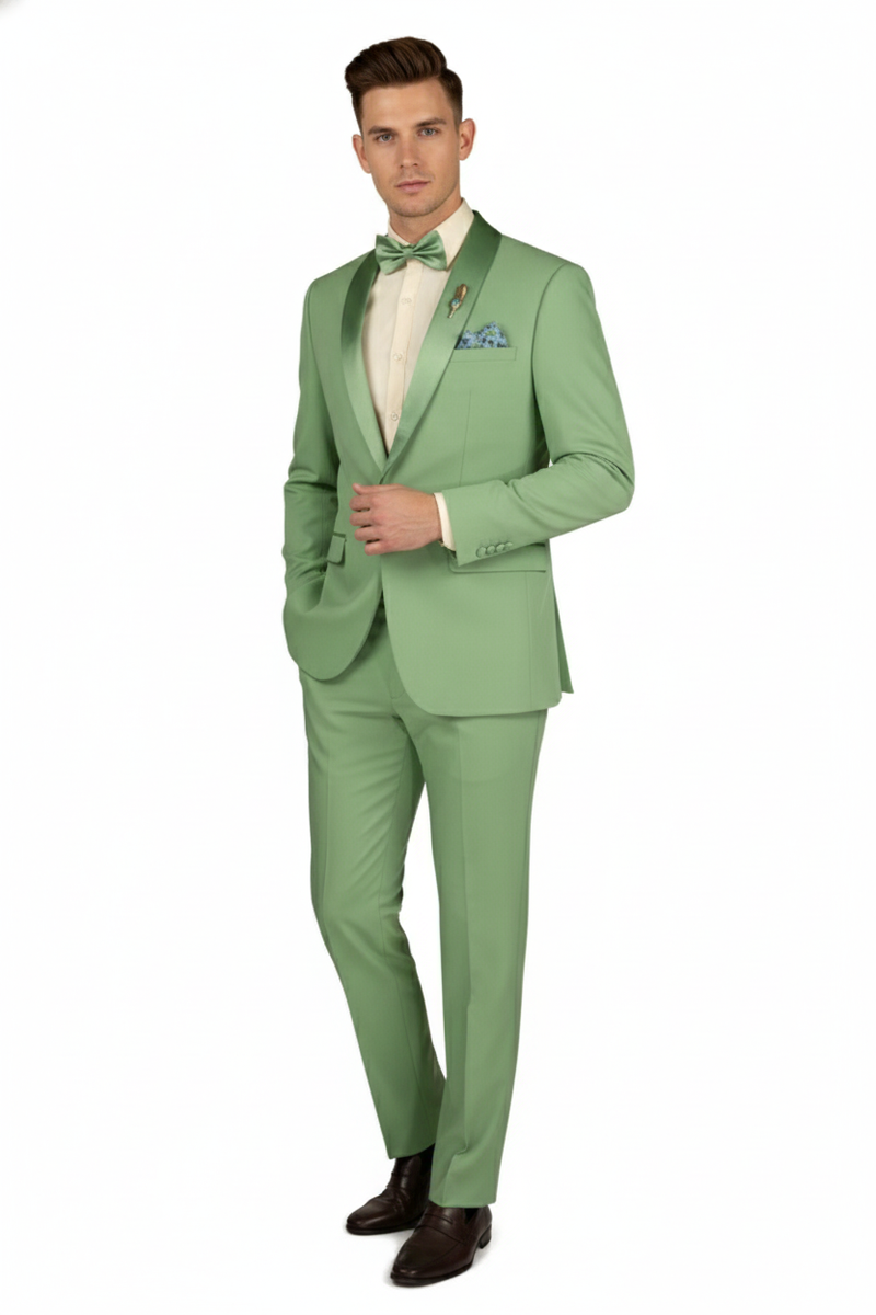 Men’s Mint Green Tuxedo – 2-Piece Formal Suit with Satin Shawl Lapel and Matching Bow Tie in Sage Green