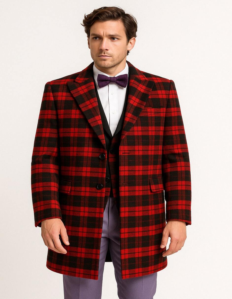 Men’s Red and Black Plaid Wool Overcoat – Tartan Texture Fabric Christmas Carcoat – SuitUSA