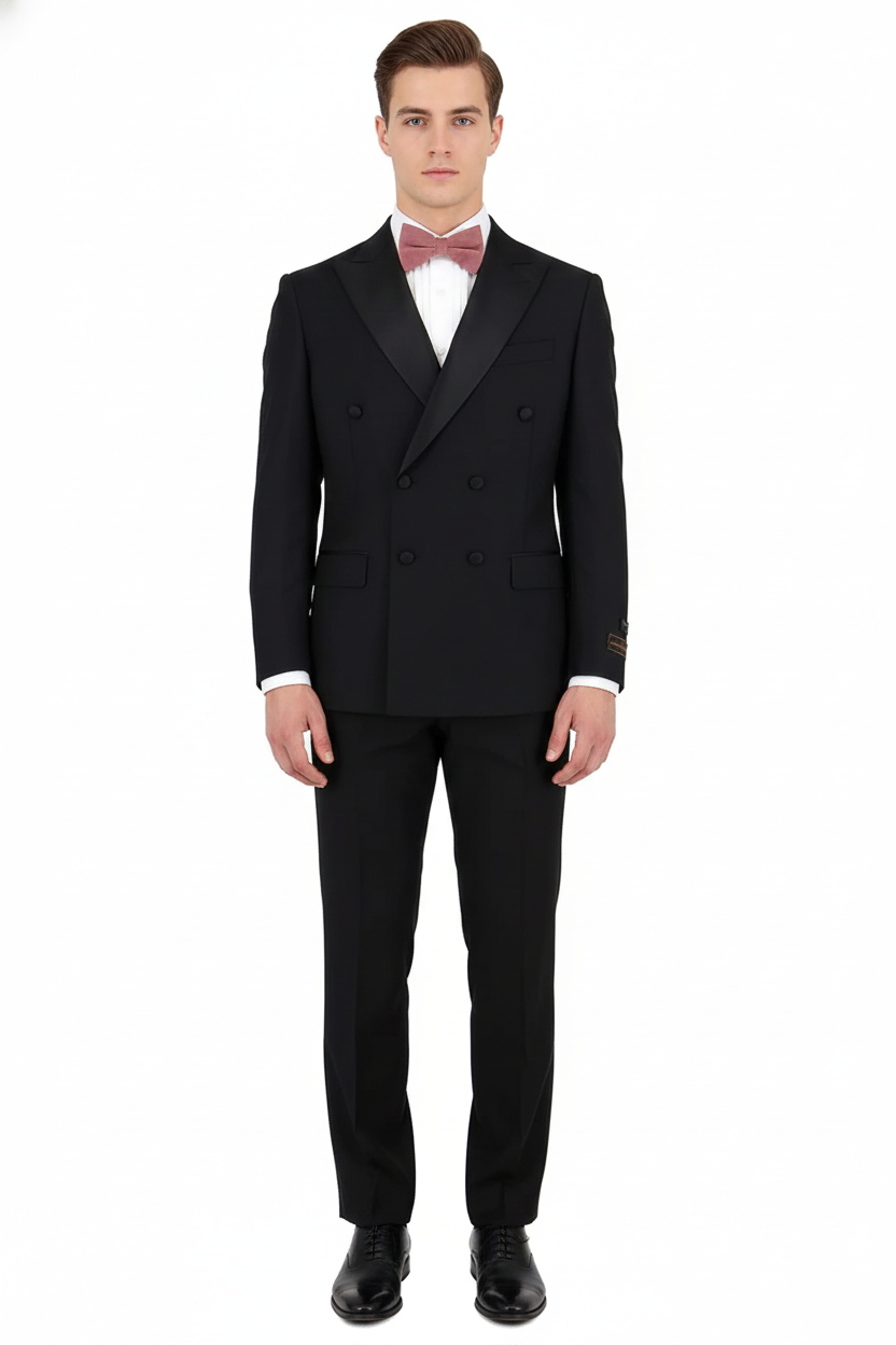 Tiglio Brand 100% Wool Super 150s Italian fabric Men’s Classic Black Double-Breasted Tuxedo with Satin Peak Lapel – Formal Wedding & Gala Suit Set